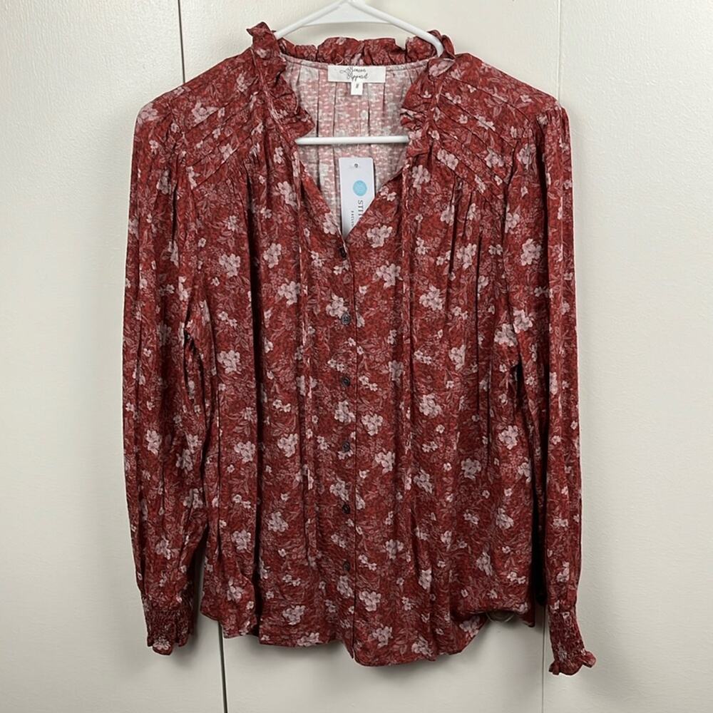 Beacon Apparel Blouse Button Up Shirt Womens Medium Pleated Burgundy